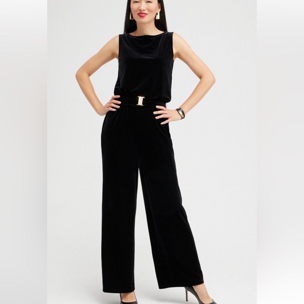 Chico’s Petite Travelers Collection Velvet Belted Jumpsuit
